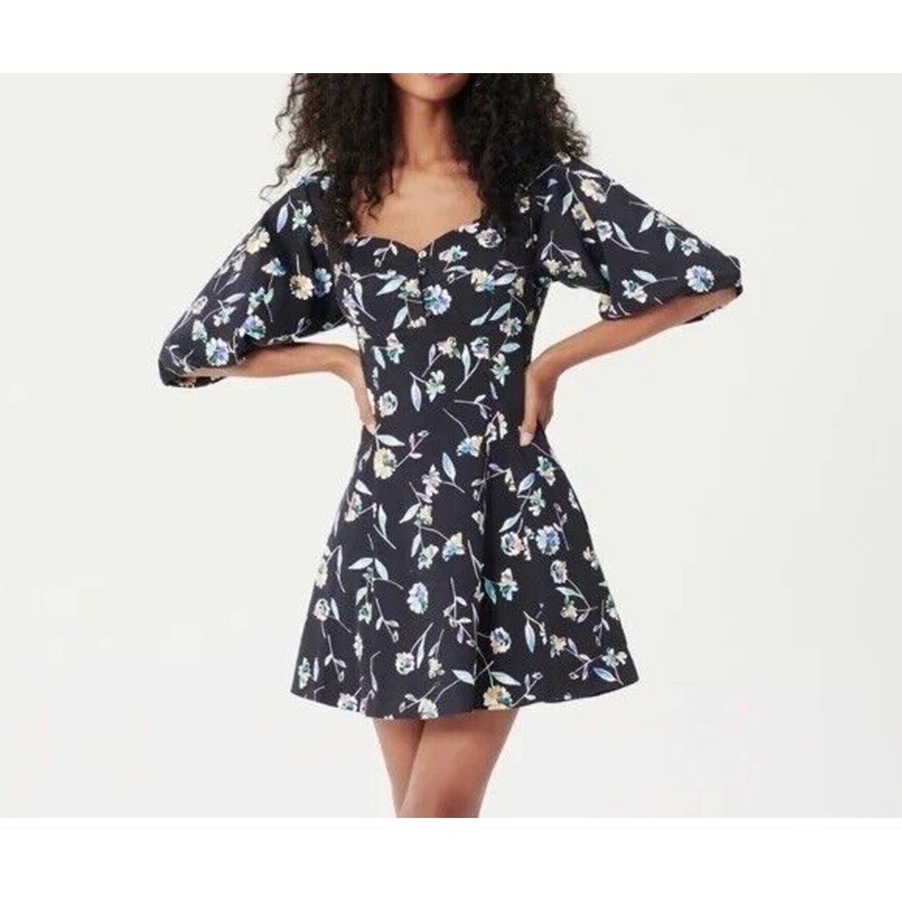 Nicholas Black Floral Puff Sleeve Mini Dress Square Neck Cotton Size 6